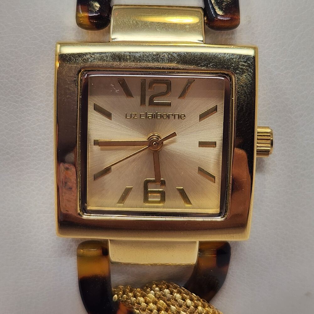 Liz Claiborne Gold Tone Mesh Tortoise Print Watch Bracelet New Battery Works